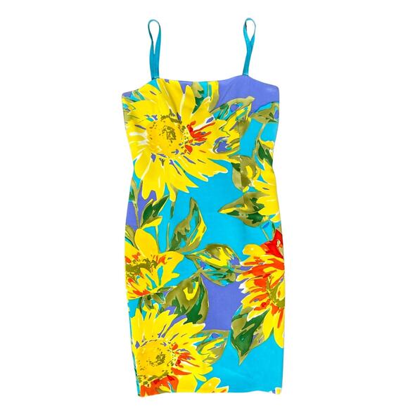 David Meister Yellow Blue Purple Sunflowers Floral Sheath Sleeveless Dress sz 4 - Picture 2 of 13